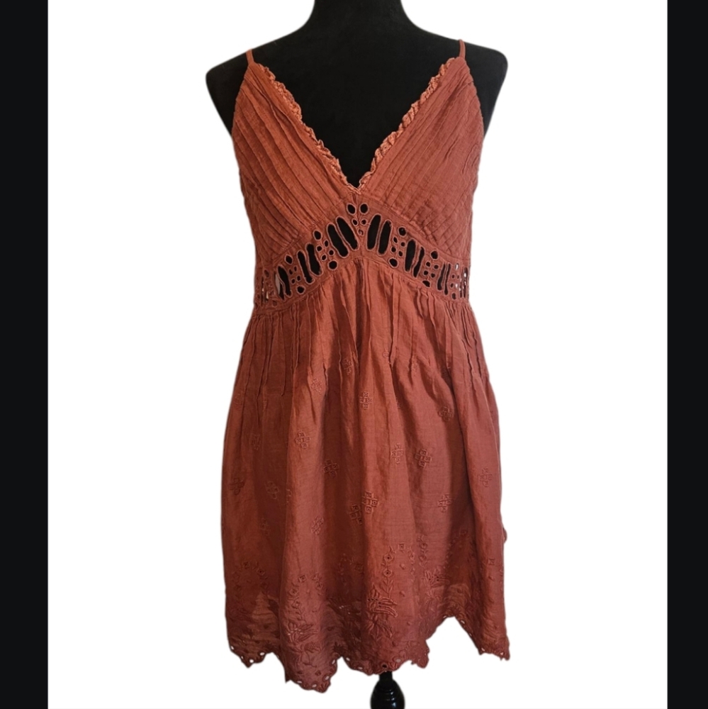 Free People Rust Mini Dress with Eyelet Detail
